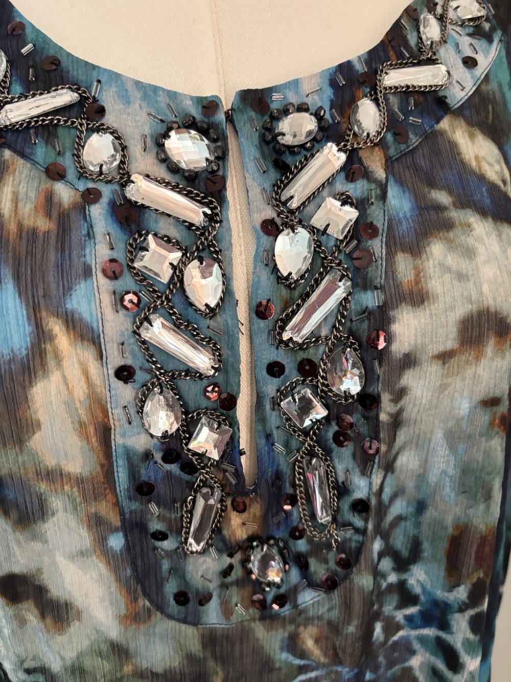 Chico's Blue Teal Black Abstract Beaded Sheer Tunic - Picture 5 of 6